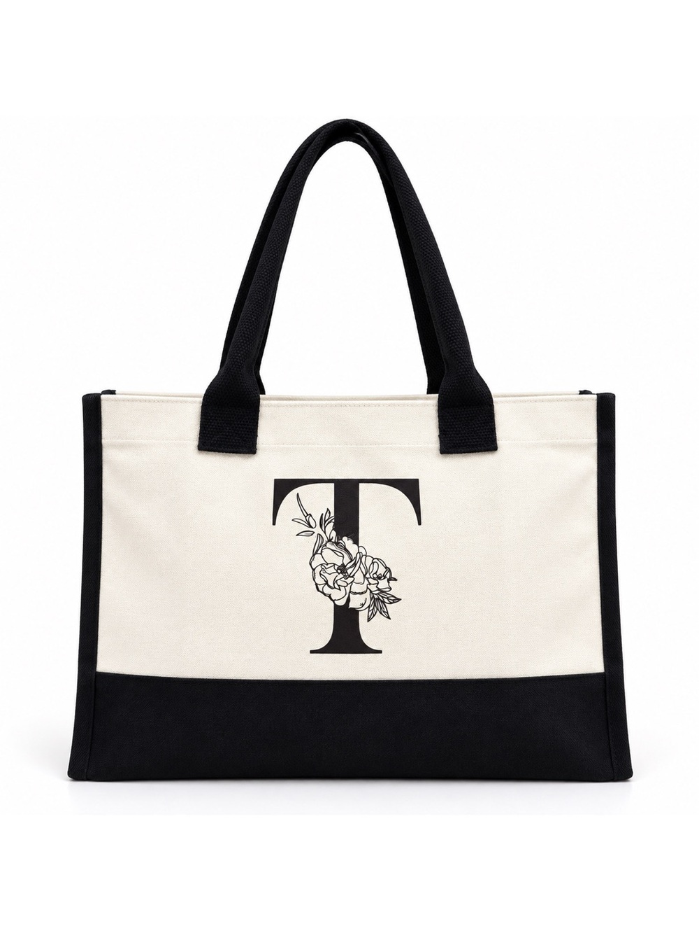Floral Monogram Initial T Canvas Tote Bag Black & Cream NWOT